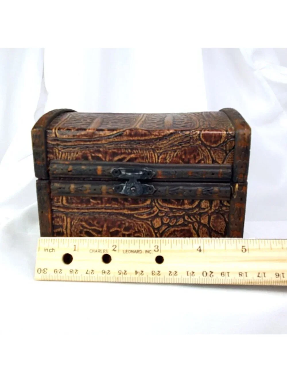 Vintage Wood & Faux Leather Carved Jewelry Treasure Chest Box With Metal Accents
